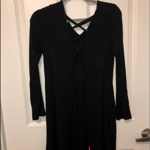 Black lace up back swing dress with pockets